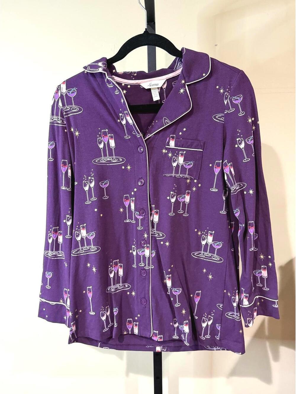 Soma Women's Purple Pajama Top with Champagne Glass Print XS